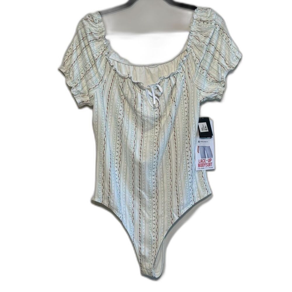 Celebrity Pink Lace Up Bodysuit Floral Striped Square Neck NWT Size XL